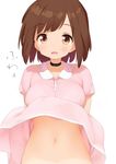  :d arms_behind_back blush breasts brown_eyes brown_hair choker collarbone dress eyebrows eyebrows_visible_through_hair kaisen_chuui medium_breasts midriff navel open_mouth original pink_dress short_hair short_sleeves simple_background smile solo stomach tareme upper_body white_background wind wind_lift 