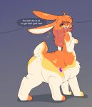 2026 breasts buckteeth butt digital_media_(artwork) english_text featureless_crotch female hair hi_res lagomorph lagomorph_taur leporid leporid_taur looking_back mammal mammal_taur maynara nude offscreen_character open_mouth rabbit rabbit_taur rear_view seventy-three smile solo tail taur teeth text trans_(lore) trans_man_(lore)