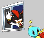  1boy chao_(sonic) collared_shirt furry furry_male gloves happy_meal mcdonald's necktie neutral_chao photo-referenced red_eyes red_necktie scribbasock shadow_the_hedgehog shirt sonic_(series) suspenders white_gloves white_shirt window 