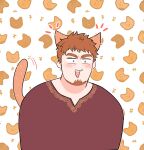  1boy animal_ears bara beard blush cat_bandaid cat_boy cat_ears cat_tail chibi chibi_only chinstrap_beard deformed ear_wiggle facial_hair food-themed_background hebaron_nirta highres kemonomimi_mode male_focus mature_male notice_lines orange_hair sharks_line3 short_hair simple_background solo tail tail_wagging thick_eyebrows under_the_oak_tree upper_body wavy_hair 