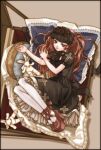  back_bow bare_arms black_dress blanket blunt_bangs bow box commentary cross cross-laced_shoes dress embroidery expressionless flower frilled_dress frills from_above goth_fashion gothic_lolita grey_eyes hairband half-closed_eyes high_heels in_box in_container lace lace_trim lipstick lolita_fashion lolita_hairband long_hair makeup original pantyhose pillow platform_shoes puffy_short_sleeves puffy_sleeves red_hair red_shoes rose ryuuran shoes short_sleeves stuffed_animal stuffed_rabbit stuffed_toy white_pantyhose 