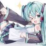  >_o 1girl aqua_belt aqua_eyes aqua_hair aqua_nails aqua_necktie aqua_trim at_niz_8 bare_shoulders belt black_boots black_skirt black_sleeves boots clenched_hands collared_shirt commentary_request detached_sleeves double-parted_bangs fingernails hair_between_eyes hatsune_miku headphones highres leg_up looking_at_viewer loose_belt lying miku_miku_ni_shite_ageru_(vocaloid) miniskirt nail_polish necktie number_tattoo on_back one_eye_closed open_mouth shirt shoulder_tattoo skirt sleeveless sleeveless_shirt solo sparkle tattoo thigh_boots tie_clip twintails vocaloid white_shirt 