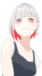  1girl artist_name assassin_(pencilblood76) bare_shoulders black_tank_top breasts collarbone colored_inner_hair commentary_request earrings grey_hair hair_intakes highres jewelry light_smile looking_at_viewer love_live! love_live!_hasu_no_sora_jogakuin_school_idol_club multicolored_hair pink_eyes red_hair short_hair simple_background small_breasts solo stud_earrings tank_top virtual_youtuber white_background yugiri_tsuzuri 