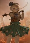  1girl absurdres aiming aiming_at_viewer armor blue_bow blue_bowtie blue_eyes blue_hairband bow bowtie breastplate chinese_commentary closed_mouth collared_shirt commentary_request embers frilled_skirt frills goggles goggles_on_head green_skirt green_vest grey_hair gun hairband highres hitodama holding holding_gun holding_weapon iamszc konpaku_youmu konpaku_youmu_(ghost) long_sleeves looking_at_viewer outdoors shirt short_hair skirt skirt_set solo touhou vest weapon weapon_request white_shirt 