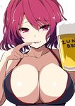  absurdres alcohol amisu beer beer_mug black_bra blush bra breasts cleavage collarbone cup fingers_to_mouth heart heart-shaped_pupils highres holding holding_cup horikawa_raiko large_breasts licking_lips open_mouth red_eyes red_hair short_hair simple_background smile solo symbol-shaped_pupils tongue tongue_out touhou underwear white_background zun_(reference) 