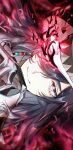  1boy absurdres ashveil_(honkai:_star_rail) black_hair bright_pupils claw_ring commentary_request earrings fire gradient_hair grey_eyes hat highres hogecha honkai:_star_rail honkai_(series) jewelry light_smile long_hair looking_at_viewer lower_eyelashes_only male_focus multicolored_hair prosthesis shadow single_earring 