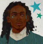  1boy 677vdd black_hair brown_eyes closed_mouth commentary dark-skinned_male dark_skin djed_spence dreadlocks eyelashes facial_hair goatee highres looking_to_the_side male_focus medium_hair mustache real_life solo star_(symbol) 