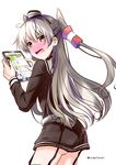  amatsukaze_(kantai_collection) ass blush commentary_request dress embarrassed garter_straps grey_hair hair_tubes hairband kantai_collection long_hair looking_at_viewer mikage_takashi open_mouth solo tablet_pc toranoana two_side_up yellow_eyes 