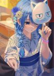  1girl 1other averting_eyes blue_eyes blue_hair blue_nails blue_sash braid braided_ponytail character_mask clothes_grab commentary_request double-parted_bangs floral_print floral_print_kimono flower grabbing_another's_sleeve hair_between_eyes hair_flower hair_ornament hair_over_shoulder highres hololive hoshimachi_suisei japanese_clothes kimono long_hair low_side_ponytail mask nail_polish nakaneabura8623 obi open_mouth outdoors print_kimono sash side_ponytail solo_focus star_(symbol) star_in_eye symbol_in_eye takoyaki_(hoshimachi_suisei) virtual_youtuber white_kimono yukata 