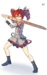  1girl absurdres baguette black_boots boots bread commentary dress drill_hair food full_body grey_dress highres k2s kasane_teto kasane_teto_(sv) long_hair looking_at_viewer red_eyes red_hair simple_background solo synthesizer_v twintails utau white_background 