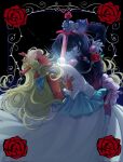  1girl 1other alternate_color antlers arm_around_another's_back black_jacket blonde_hair blue_hair blue_skin brown_eyes colored_skin commentary corrupted_twitter_file cosplay crown deer_antlers deer_girl deltarune dress english_commentary flower furry furry_female highres himemiya_anthy himemiya_anthy_(cosplay) holding holding_sword holding_weapon horns human_scabbard jacket kris_(dark_world)_(deltarune) kris_(deltarune) michi_mimi noelle_holiday red_eyes red_flower red_rose rose sekai_wo_kakumei_suru_chikara_wo short_hair shoujo_kakumei_utena signature sleeveless sleeveless_dress sword tenjou_utena tenjou_utena_(cosplay) utdr_(toby_fox) weapon white_dress 