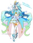  1girl blue_bow blue_bowtie blue_hair blue_hat blue_ribbon blue_shoes blue_skirt blue_tube_top boater_hat bow bow_earrings bowtie bridal_gauntlets brooch butterfly_hat_ornament closed_mouth cure_eclair diamond_earrings earrings flat_chest full_body gradient_hair green_hair hand_up hat hat_ornament hat_ribbon heart heart_brooch highres howa_kurea jewelry long_hair looking_at_viewer magical_girl meitantei_precure! midriff multicolored_hair navel overskirt precure purple_bridal_gauntlets red_eyes ribbon shoes simple_background single_thighhigh skirt smile solo standing strapless thighhighs translation_request tube_top two-tone_hair very_long_hair white_background white_thighhighs zassou_(taitakoiri) 