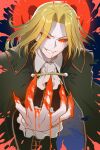 1boy ascot blood blood_from_eyes blood_from_mouth blood_on_face blood_on_hand brown_cape cape colored_sclera commentary curtained_hair disintegration english_commentary evil_grin evil_smile fingernails floating_hair frilled_sleeves frills full_moon grin highres lim_(r1m_1031) looking_at_viewer male_focus medium_hair melty_blood moon night_of_wallachia outstretched_arm outstretched_hand pale_skin red_eyes red_moon red_sclera sharp_fingernails shirt smile solo tsukihime upper_body vampire white_ascot white_shirt wing_collar 