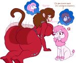 absurd_res all_fours angry annoyed anthro ass_up barking big_breasts big_butt body_swap bone bothered bouncing_butt breasts breath brown_body brown_eyes brown_fur butt butt_focus butt_jiggle canid canine canis clothing dialogue domestic_dog english_text eyelashes female feral fur hi_res jelly_(monkey-scientist) jiggling korick17 mammal open_mouth panting paws pink_body pink_fur poodle red_clothing red_suit silly silly_face sitting sitting_on_ground speech_bubble suit tail teeth text tongue tongue_out twerking