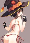  1girl ass back bikini black_gloves black_hair blush butt_crack commentary_request cowboy_shot fingerless_gloves from_behind gloves hat highres kono_subarashii_sekai_ni_shukufuku_wo! looking_at_viewer looking_back megumin micro_bikini open_mouth red_bikini red_eyes side-tie_bikini simple_background solo swimsuit thong_bikini tofu1601 witch_hat 