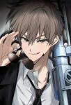  1boy black_jacket black_necktie brown_eyes brown_hair chu_yeon close-up commentary_request dress_shirt garbage_time gun holding holding_gun holding_removed_eyewear holding_weapon jacket ki_sangho korean_commentary licking_lips looking_at_viewer male_focus mole mole_under_eye necktie portrait shirt short_hair simple_background solo suit suit_jacket sunglasses tongue tongue_out unworn_eyewear weapon white_shirt 