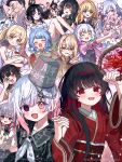  6+girls :d artist_name bandaid bandaid_on_leg bare_shoulders black_gloves black_hair black_sailor_collar black_serafuku black_shirt blonde_hair blood blood_on_hand blue_bow blue_bowtie blue_eyes blue_hair bow bowtie braid braided_hair_rings bucket bucket_on_head bug butterfly cellphone closed_eyes collared_shirt colored_inner_hair colored_tips commentary_request cross cross_earrings crossed_bangs curtained_hair dress earrings everyone fang flower gloves gokuchou gradient_hair green_eyes grey_hair grey_shirt hair_between_eyes hair_bow hair_flower hair_ornament hair_over_one_eye hair_rings happy_anniversary hasumi_leia headpat highres hikami_meruru holding holding_hands holding_paintbrush holding_phone holding_stuffed_toy housho_margo interlocked_fingers japanese_clothes jewelry jogasaki_noah kimono kurobe_nanoka long_hair long_sleeves looking_at_viewer mahou_shoujo_no_majo_saiban mismatched_pupils mole mole_under_eye multicolored_hair multiple_girls narehate_(mahou_shoujo_no_majo_saiban) natsume_an-an neckerchief nene_man nikaido_hiro noose object_on_head one_eye_covered open_mouth orange_eyes paint_stains paintbrush phone pink_dress pink_eyes pink_hair pink_shirt purple_eyes red_butterfly red_eyes red_hair red_kimono saeki_miria sailor_collar sakuraba_ema sawatari_coco school_uniform serafuku shirt shito_alisa short_hair signature skin_fang smartphone smile spider_lily spoilers streaked_hair stuffed_toy sundress tachibana_sherry tono_hanna translation_request tsukishiro_yuki twintails twitter_username white_dress white_hair white_neckerchief white_shirt x_hair_ornament yellow_eyes yuri 