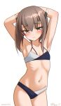  1girl arms_behind_head bikini brown_hair commentary_request cosplay dated flat_chest headgear heywood_l._edwards_(kancolle) heywood_l._edwards_(kancolle)_(cosplay) heywood_l._edwards_(swimsuit)_(kancolle) kantai_collection looking_at_viewer multicolored_bikini one-hour_drawing_challenge ray.s short_hair short_hair_with_long_locks simple_background solo swimsuit taihou_(kancolle) twitter_username two-tone_bikini white_background 