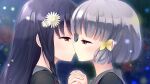  2girls black_hair braid brown_eyes brown_shirt cupping_hands eye_contact flower from_side game_asset grey_hair grey_sailor_collar hair_flower hair_ornament half-closed_eyes hands_up hiraoka_mutsuki holding_hands interlocked_fingers kamitsure_~7_no_nijou_fushigi~ kiss long_hair long_sleeves looking_at_another mizuki_kotora multiple_girls neckerchief necktie non-web_source official_art own_hands_together profile red_eyes red_neckerchief sailor_collar school_uniform shirt short_hair standing twin_braids yuri yurigaoka_nanami 