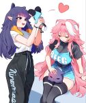  2girls animal_ears black_pants black_pantyhose black_shirt black_thighhighs blue_eyes blue_shorts blue_sports_bra blush breasts chattino_(raora_panthera) clulless commentary covered_collarbone english_commentary fang hair_intakes heart highres holding hololive hololive_english large_breasts long_hair mole mole_under_eye multicolored_hair multiple_girls ninomae_ina'nis on_lap open_mouth orange_hair panther_ears panther_girl pants pantyhose petting pink_hair pointy_ears purple_hair raora_panthera shirt short_sleeves shorts simple_background sitting smile sports_bra streaked_hair takodachi_(ninomae_ina'nis) teeth thighhighs thighs two-tone_hair upper_teeth_only virtual_youtuber white_background white_shirt 