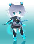  1girl badge belt_pouch black_bodysuit black_jacket blue_eyes blue_gloves bodysuit button_badge chibi chibi_only cropped_jacket gloves gradient_background grey_hair grey_scarf hair_ornament holding holding_sword holding_weapon icey icey_(game) jacket pouch qualle9898 scarf short_hair solo sword weapon 