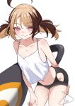  1girl :3 absurdres barefoot bike_shorts black_shorts brown_hair camisole closed_mouth clothing_cutout commentary crop_top gigi_murin highres hip_vent hololive hololive_english jape_(ja_pehhhh) looking_at_viewer multicolored_hair navel pink_eyes short_hair short_shorts short_twintails shorts simple_background solo stomach twintails two-tone_hair untranslatable_commentary virtual_youtuber white_background white_camisole 
