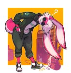 amplifier anthro bent_over bottomwear bracelet clothed clothing electric_guitar electronics eyebrows eyewear footwear fur green_sclera guitar hair headphones jacket jewelry lagomorph leporid long_ears male mammal motion_lines mr.pink multicolored_body multicolored_fur musical_instrument pants pink_body pink_fur plucked_string_instrument pupils pwink_(mr.pink) question_mark rabbit scut_tail shoes short_tail slit_pupils solo string_instrument sunglasses tail thick_thighs topwear two_tone_body two_tone_fur white_body white_fur white_hair yellow_eyes