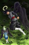  2boys black_feathers black_hair black_pants black_shirt black_tunic black_wings boots buraku_black colored_skin commentary_request dragon_ball dragon_ball_super dragon_ball_z earrings feathered_wings feathers full_body goku_black green_skin grey_tunic halo highres jewelry male_focus midair mohawk multiple_boys pants potara_earrings red_sash sash shirt single_earring solo_focus tunic white_boots white_hair wings yellow_halo zamasu 