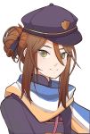  1girl alternate_hairstyle artist_request brown_hair green_eyes hair_bun hat looking_at_viewer medium_hair nikaidou_mari scarf smile solo taimadou_gakuen_35_shiken_shoutai 