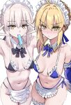  2girls absurdres ahoge apron artoria_pendragon_(fate) bare_shoulders bikini black_bikini blonde_hair blue_bikini blush bow bowtie breasts cleavage commentary detached_collar double_v fate/grand_order fate_(series) food frilled_bikini frills green_eyes grey_hair highres looking_at_viewer maid maid_bikini maid_headdress medium_breasts medium_hair mouth_hold multiple_girls navel notonaon popsicle saber_(fate) saber_alter saber_alter_(swimsuit_rider)_(second_ascension) sidelocks swimsuit thighs unconventional_maid untranslatable_commentary v waist_apron white_apron yellow_eyes 