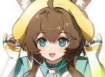  1girl :d ahoge amiya_(arknights) amiya_(wilderness_moments)_(arknights) animal_ear_fluff animal_ears aqua_choker aqua_shirt arknights brown_hair chinese_commentary choker collared_shirt commentary_request da_nao_shu english_commentary hair_between_eyes hands_on_headwear hat highres jewelry light_blush long_hair mixed-language_commentary multiple_rings official_alternate_costume open_mouth partial_commentary portrait ring ring_on_every_finger shirt simple_background smile solo teeth upper_teeth_only white_background yellow_hat 