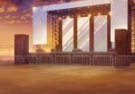  banner beach blue_archive cloud evening fence game_asset highres no_humans non-web_source ocean official_art orange_sky orange_theme outdoors railing ring_of_light_(blue_archive) sand scaffolding scenery screen sky speaker spotlight stage stage_lights sunset variant_set warm_colors 