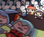  1girl 2026_fifa_world_cup 4girls animal_ears argentinian_miku argentinian_national_soccer_team_uniform arm_up audience beret blurry blurry_foreground bow brown_hair chef_hat chibi clenched_hand clenched_teeth closed_eyes closed_mouth commentary crossover crowd dress eating eating_non-food english_commentary estelle_(vtuber) fighting food grass hair_ornament hat hatsune_miku highres hololive hololive_english indie_virtual_youtuber keenbiscuit long_hair mini_chef_hat mini_hat mouth_hold multicolored_hair multiple_girls multiple_hats orange_hair orange_hat people pink_dress popcorn sheep_ears sheep_girl sitting soccer_uniform sportswear stalk_in_mouth takanashi_kiara takanashi_kiara_(1st_costume) teeth virtual_youtuber vocaloid world_cup 