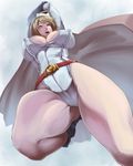  ahoge arms_up belt blonde_hair blue_eyes blue_footwear blue_gloves boots breasts cape covered_nipples dc_comics from_below gloves highleg highres huge_breasts kanta_(x-tei) midair open_mouth power_girl short_hair solo thick_thighs thighs 