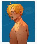  1boy ? blonde_hair blue_background border candy character_name commentary curly_eyebrows english_commentary facial_hair food food_in_mouth from_side goatee hair_behind_ear highres kr_(k_r_xx) lollipop lollipop_in_mouth looking_to_the_side male_focus nipples nude one_piece outside_border parted_bangs pectorals sanji_(one_piece) short_hair sideways_glance solo speech_bubble white_border 