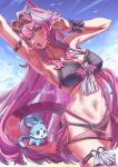  1girl animal_ears arm_strap armpits bikini bird black_bikini black_hairband black_wrist_cuffs blue_flower blue_gem blue_sky blush breasts chattino_(raora_panthera) cleavage cloud cloudy_sky collarbone commentary day english_commentary eyelashes eyewear_on_head fang flower gem hair_between_eyes hair_flower hair_ornament hairband heart heart-shaped_eyewear highres hololive hololive_english large_breasts long_hair looking_at_viewer multicolored_hair naaruru2 navel o-ring o-ring_arm_strap o-ring_thigh_strap open_mouth outdoors panther_ears panther_girl panther_tail pink-tinted_eyewear pink_hair pink_sarong pink_tail raora_panthera sarong seagull sky stomach streaked_hair swimsuit tail thigh_strap thighs tinted_eyewear virtual_youtuber white_hair wrist_cuffs yellow-framed_eyewear yellow_eyes 