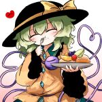  1girl black_hat blush bow buttons closed_eyes collared_shirt diamond_button disembodied_linked_eye eating eyeball facing_viewer food food_request fork frilled_shirt_collar frilled_sleeves frills fruit gradient_background green_hair green_skirt hair_between_eyes hat hat_bow heart heart_of_string heripantomorrow holding holding_fork komeiji_koishi long_sleeves medium_hair pink_background shirt skirt solo touhou wide_sleeves yellow_bow yellow_shirt 