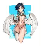  1boy aqua_eyes aqua_hair black_hair braid chastity_cage colored_tips commentary_request flat_chastity_cage genshin_impact highres kinoshita_(user_vmwv4757) long_hair looking_at_viewer low-braided_long_hair low-tied_long_hair multicolored_hair navel short_hair small_chastity_cage stomach testicles trap venti_(genshin_impact) wings 
