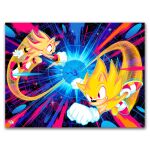  2boys biolizard canon_event closed_mouth copyright_notice doaly flying full_body gloves hedgehog_boy male_focus multiple_boys official_art red_eyes red_shoes shadow_the_hedgehog shoes sonic_(series) sonic_adventure_2 sonic_the_hedgehog space_colony_ark super_shadow super_sonic super_transformation white_gloves yellow_fur 