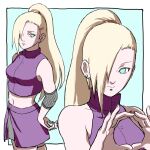  1girl bare_shoulders blonde_hair blue_background blue_eyes border breasts cowboy_shot cropped_vest earrings elbow_sleeve hair_ornament hair_over_one_eye hair_ribbon hairclip highres jewelry light_smile long_hair medium_breasts midriff miniskirt multiple_views naruto_(series) naruto_shippuuden own_hands_together ponytail purple_skirt purple_vest ribbon side_slit skirt solo stud_earrings upper_body uri_geikon vest white_border yamanaka_ino 