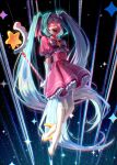 black_background blue_hair boots bow bow_hairband bowtie dress frills gloves hairband hatsune_miku highres holding holding_staff holding_wand ima_sugu_rinne_(vocaloid) mage_staff magical_girl medyrick pink_bow pink_bowtie pink_dress pink_hairband staff star-shaped_pupils star_(symbol) star_wand striped_bow striped_bowtie striped_clothes symbol-shaped_pupils twintails two-tone_bow vocaloid wand white_boots white_gloves 