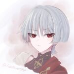  1boy albino alternate_color alternate_eye_color alternate_hair_color black_bodysuit blunt_ends bodysuit cape closed_mouth commentary covered_collarbone fugetsu_byakuya genshin_impact grey_eyes highres male_focus mandarin_collar red_cape red_eyes scaramouche_(genshin_impact) shoulder_peek side_cape slit_pupils solo tsurime twitter_username wanderer_(genshin_impact) white_background white_hair wispy_bangs 