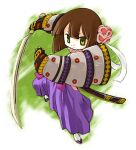  1girl armor brown_hair bushidou_(sekaiju) bushidou_4_(sekaiju) closed_mouth commentary_request full_body green_eyes hakama holding holding_sword holding_weapon japanese_armor japanese_clothes kaos katana kimono leg_up looking_at_viewer pink_kimono purple_hakama sandals scabbard sekaiju_no_meikyuu sekaiju_no_meikyuu_1 sheath socks solo sword v-shaped_eyebrows weapon white_socks 