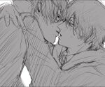  2boys arms_around_neck blush chainsaw_man face-to-face from_side gakuran greyscale hood hood_down hoodie imminent_kiss jacket_over_hoodie male_focus me_ku_ji_ra mole mole_under_mouth monochrome multiple_boys open_mouth school_uniform short_hair simple_background sugo_miri white_background yaoi yoshida_hirofumi 