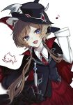  1girl artist_name black_gloves black_hat black_jacket blue_eyes brown_hair chain dress genshin_impact gloves hat highres jacket looking_at_viewer m_o_ch_i necktie red_dress sandrone_(genshin_impact) sandrone_(vampire_hunter)_(genshin_impact) short_hair_with_long_locks signature simple_background 
