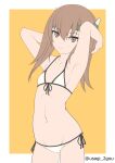  1girl arms_behind_head bell_shireikan bikini breasts brown_eyes brown_hair commentary_request cowboy_shot flat_chest front-tie_bikini_top front-tie_top headgear highres kantai_collection one-hour_drawing_challenge orange_bikini short_hair_with_long_locks side-tie_bikini_bottom small_breasts solo standing swimsuit taihou_(kancolle) twitter_username white_bikini 