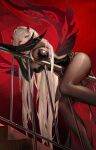  1girl absurdres black_bodystocking black_dress black_gloves breasts chinese_commentary commentary_request dress elbow_gloves eyes_on_wings genshin_impact gloves grey_hair hair_intakes highres large_breasts le_(huanglongen) long_hair on_railing railing red_background red_wings ronova_(genshin_impact) solo thighhighs wings yellow_eyes 