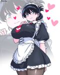  1girl absurdres alternate_costume apron arato_nagi black_dress black_hair blue_eyes blush breasts brown_pantyhose closed_mouth collared_dress commentary cowboy_shot dress earrings english_commentary enmaided floating_earrings hair_between_eyes hand_up heart heart_earrings highres jewelry large_breasts legs_together looking_at_viewer maid maid_headdress necktie paid_reward_available pantyhose puffy_short_sleeves puffy_sleeves red_necktie ruri_no_houseki short_hair short_sleeves simple_background smile solo standing vewuinsky waist_apron white_apron white_background zoom_layer 
