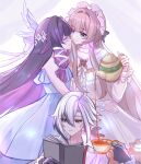  3girls absurdres arlecchino_(genshin_impact) arlecchino_(the_final_gift)_(genshin_impact) baeksansan bare_shoulders blue_eyes book bow brown_hair closed_eyes closed_mouth columbina_(genshin_impact) columbina_(the_final_gift)_(genshin_impact) commentary_request cup dress eye_mask genshin_impact hair_between_eyes hair_bow hair_ornament hair_ribbon highres holding holding_book holding_kettle kettle long_hair long_sleeves looking_at_another mask multiple_girls official_alternate_costume open_book pouring purple_eyes purple_hair reading red_eyes ribbon sandrone_(genshin_impact) sandrone_(the_final_gift)_(genshin_impact) short_hair sidelocks sleeveless sleeveless_dress smile tea very_long_hair white_dress white_hair white_mask wing_hair_ornament wings yuri 