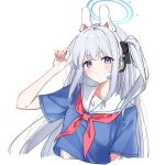  1girl black_bow blue_archive blue_halo blue_shirt blush bow center-flap_bangs collarbone commentary_request grey_hair hair_bow halo hand_up headgear headphones headset long_hair looking_at_viewer miyako_(blue_archive) neckerchief one_side_up purple_eyes red_neckerchief sailor_collar shirt short_sleeves sidelocks simple_background solo sweat tobimatsu_mutsutarou upper_body white_background white_sailor_collar 